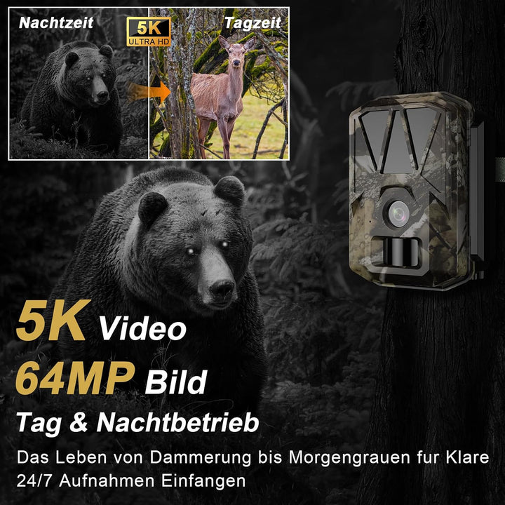 Wildkamera WLAN 5K/64MP mit Wiederaufladbare 10000mAh Akku | Wildtierkamera Solar, Handyübertragung
