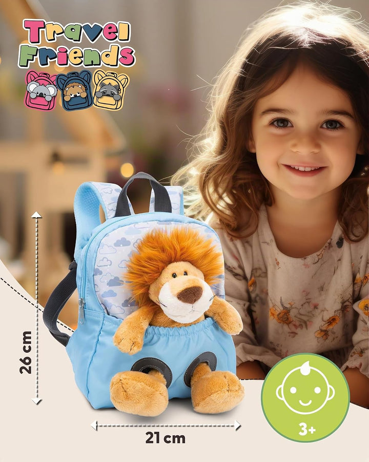 NICI Kinderrucksack blau 2 in 1 mit Kuscheltier Löwe 25cm - Kindergartenrucksack Mädchen &amp; Jungen -