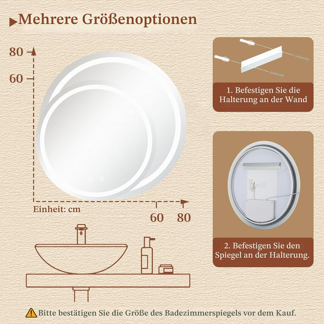Clevich Badspiegel mit Beleuchtung Rund 60 cm, LED Spiegel mit 3 Lichtfarben Dimmbar, Gehärtetes Gla