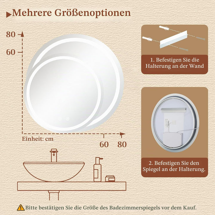 Clevich Badspiegel mit Beleuchtung Rund 60 cm, LED Spiegel mit 3 Lichtfarben Dimmbar, Gehärtetes Gla