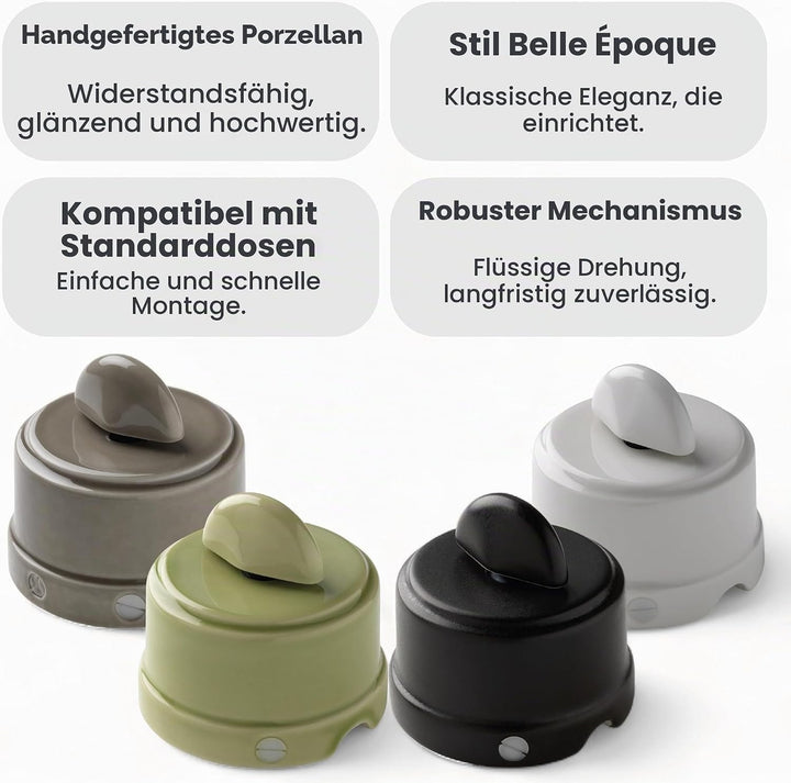 BELLE ÉPOQUE Vintage Ausschalter aus hochwertigem handgefertigtem Porzellan in Hochglanz-Weiss (ohne