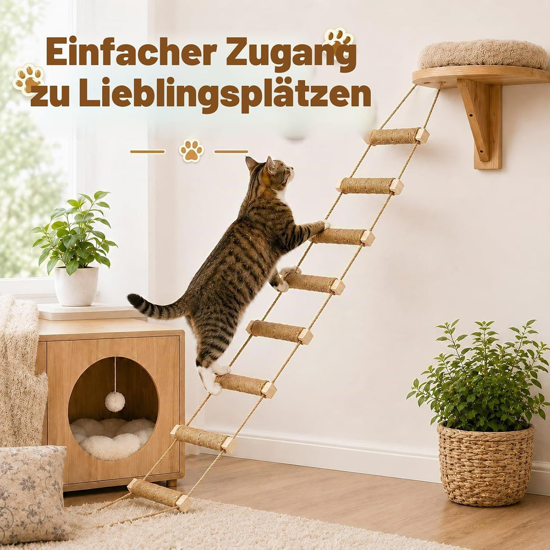 108cm Katzenleiter Wandmontiert, 3-in-1 Sisal Kletterbrücke &amp; Hängematte aus Massivholz, Faltbare Ju