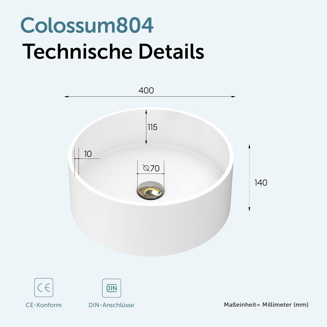 doporro Aufsatzwaschbecken rund Colossum804 Weiss matt Ø 40 cm Mineralguss Waschbecken ohne Armaturl