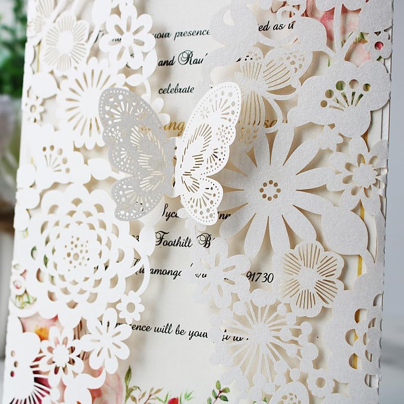 Hosmsua 20x Elfenbeinfarbener Laserschnitt Spitze Flora Hochzeit Einladungskarten mit Schmetterling