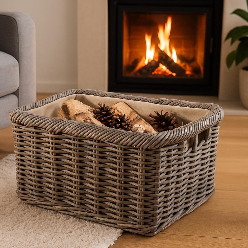 Kobolo Holztrage aus Rattan | Kubu Grey | 55x39x30 cm | handgeflochtener Aufbewahrungskorb mit Griff