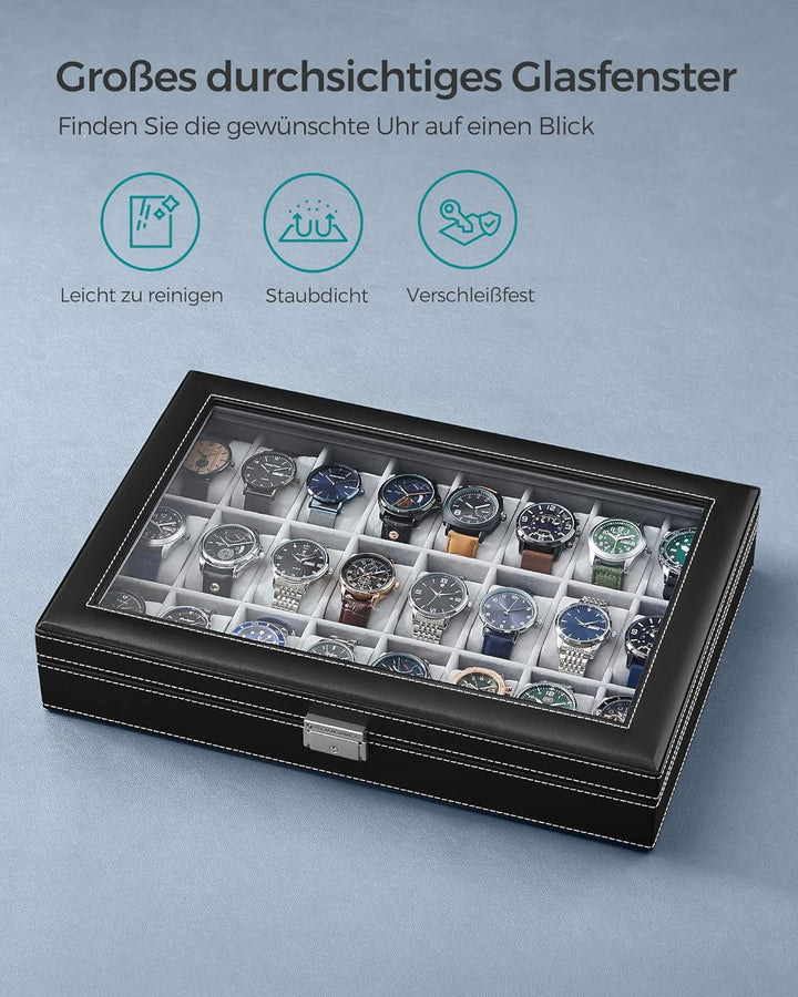 SONGMICS Uhrenbox, abschliessbare Uhrenschatulle, Aufbewahrung, Organizer für Uhren, mit 24 Fächern,