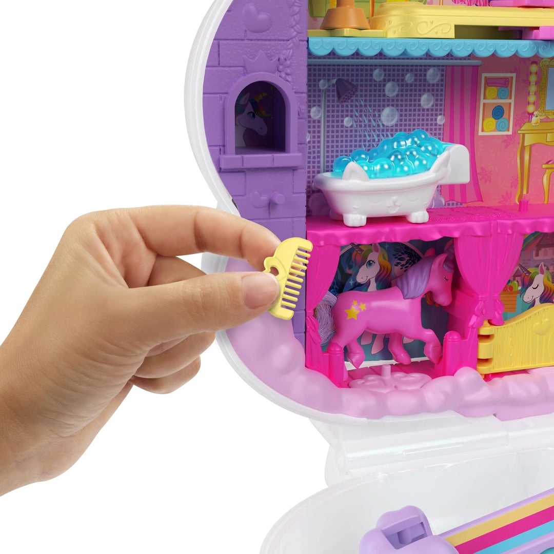Polly Pocket Mini-Spielzeug, Regenbogen-Einhorn-Salon-Styling-Kopf und Spielset mit 2 kleinen Puppen