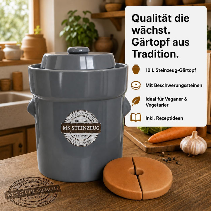 Gärtopf 10 L Steingrau + Beschwerungssteine | Gesund durch Fermentation mit Sauerkrauttopf | Einmach