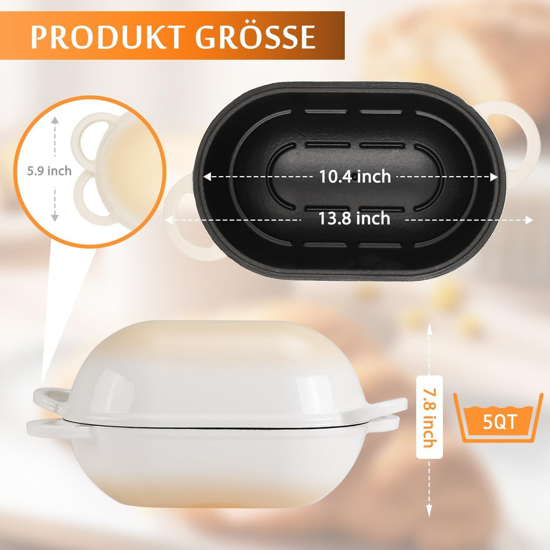 Gusseisen Brotbackform mit Deckel, 28 cm Emaille Gusseisen Topf Brot Backen, Bräter mit Deckel 5,5 L