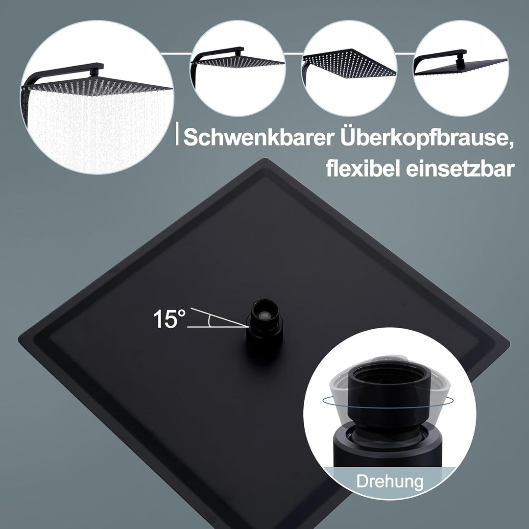 HOMELODY Duschsystem mit Thermostat Schwarz - Edelstahl Duscharmatur Komplettset mit 30x30CM Kopfbra