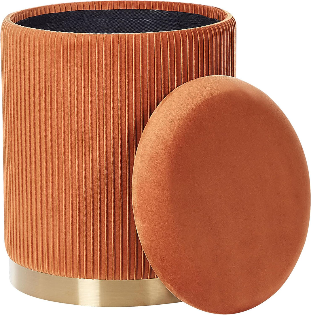 Runder Pouf im 2er Set aus Samt orange Ottoman Sitzpouf Rillen-Optik Miramar