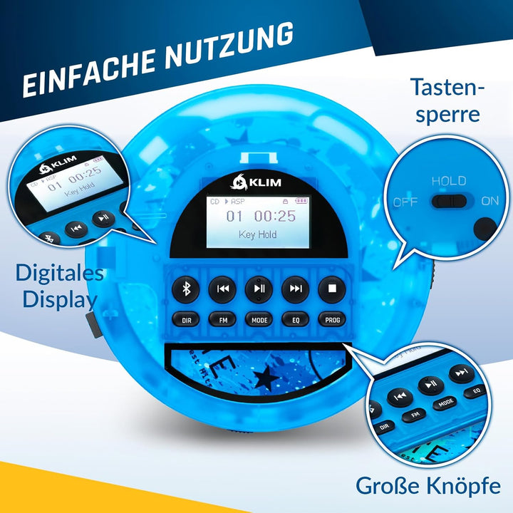 KLIM Nomad CD Player Bluetooth - Tragbarer CD-Player Discman mit langlebigem Akku - Inklusive Kopfhö