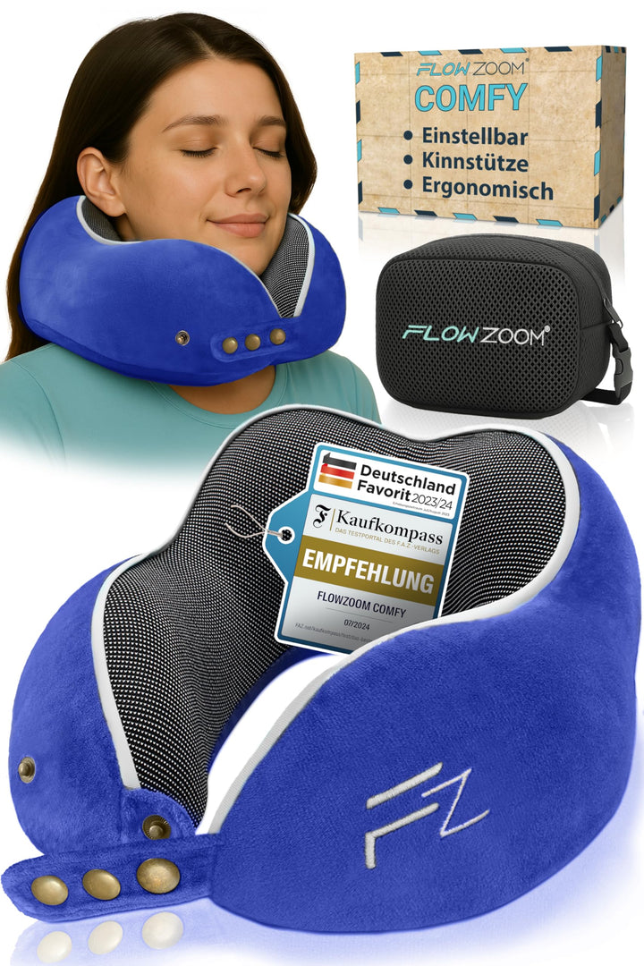 FLOWZOOM Comfy Nackenkissen Flugzeug & Auto - Einstellbares Memory Foam Reisekissen mit flexiblen Dr