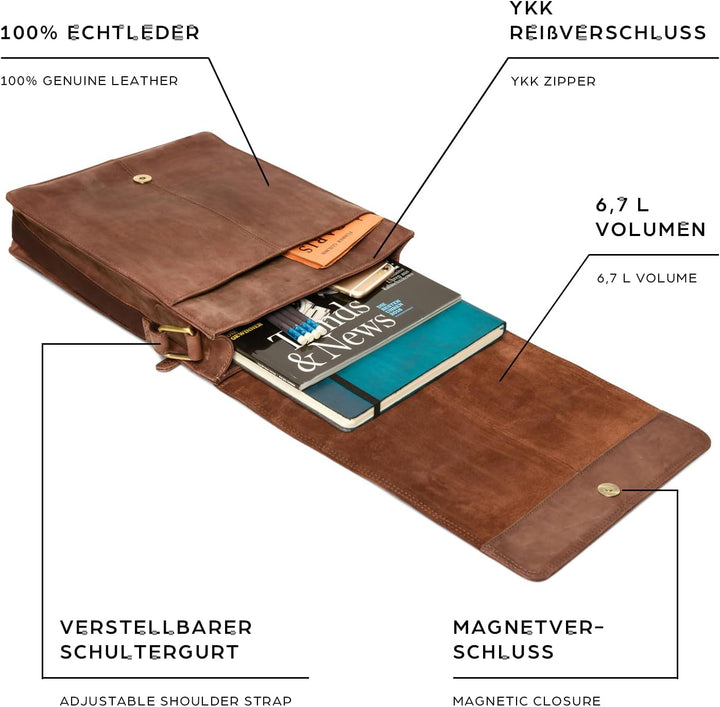LEABAGS London Umhängetasche Herren Leder – Herrentasche zum Umhängen Echtes Leder 32x26x8 cm Kleine