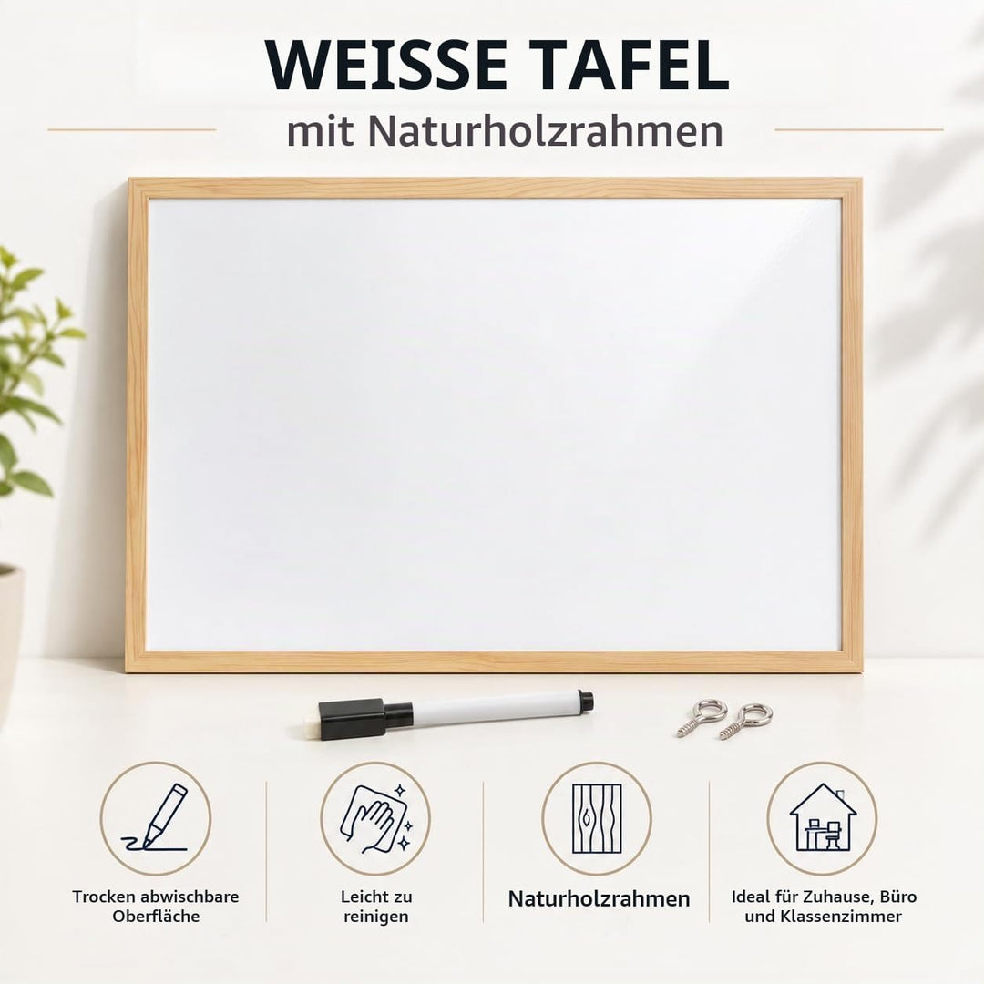 60x90cm Whiteboard mit Holzrahmen, Kreidetafel Löschbar, Weiss Tafel Schwarzer Marker 60x90cm Weiss,