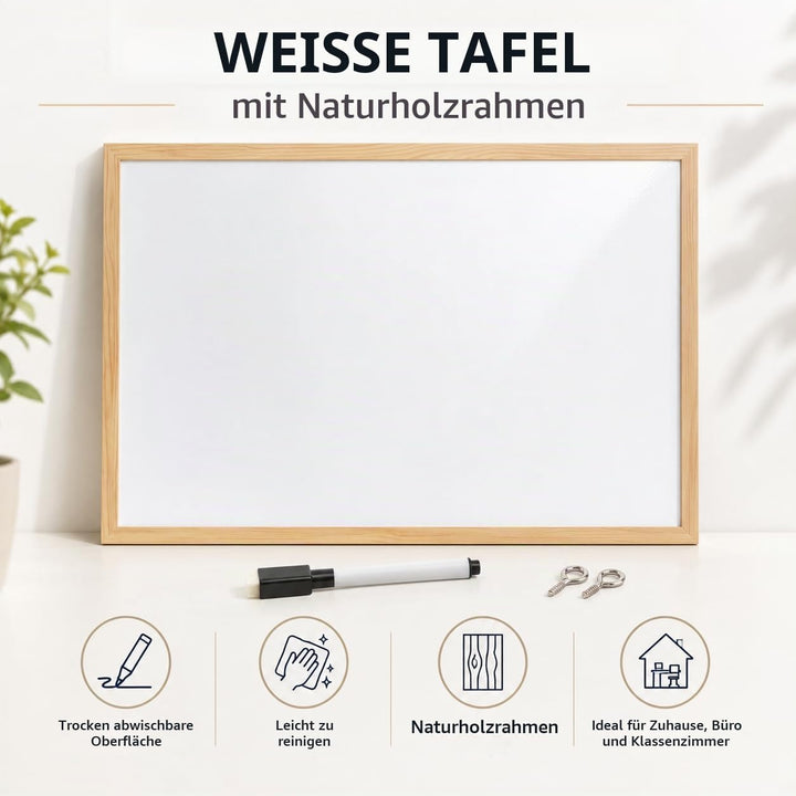 60x90cm Whiteboard mit Holzrahmen, Kreidetafel Löschbar, Weiss Tafel Schwarzer Marker 60x90cm Weiss,