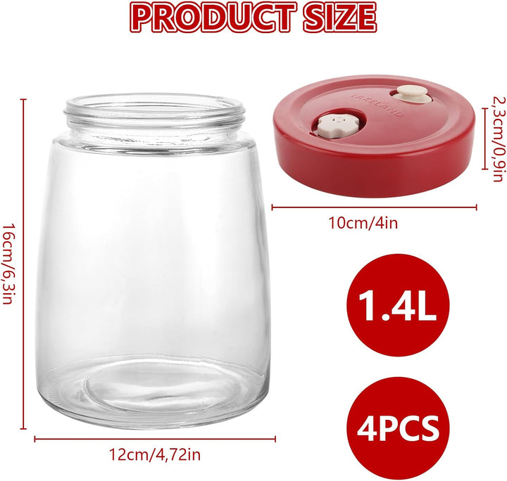 4 Stück Fermentierglas, 1.4 L Gärglas mit Entlüftungsventil, Transparent Kimchi Behälter, Kimchi Con