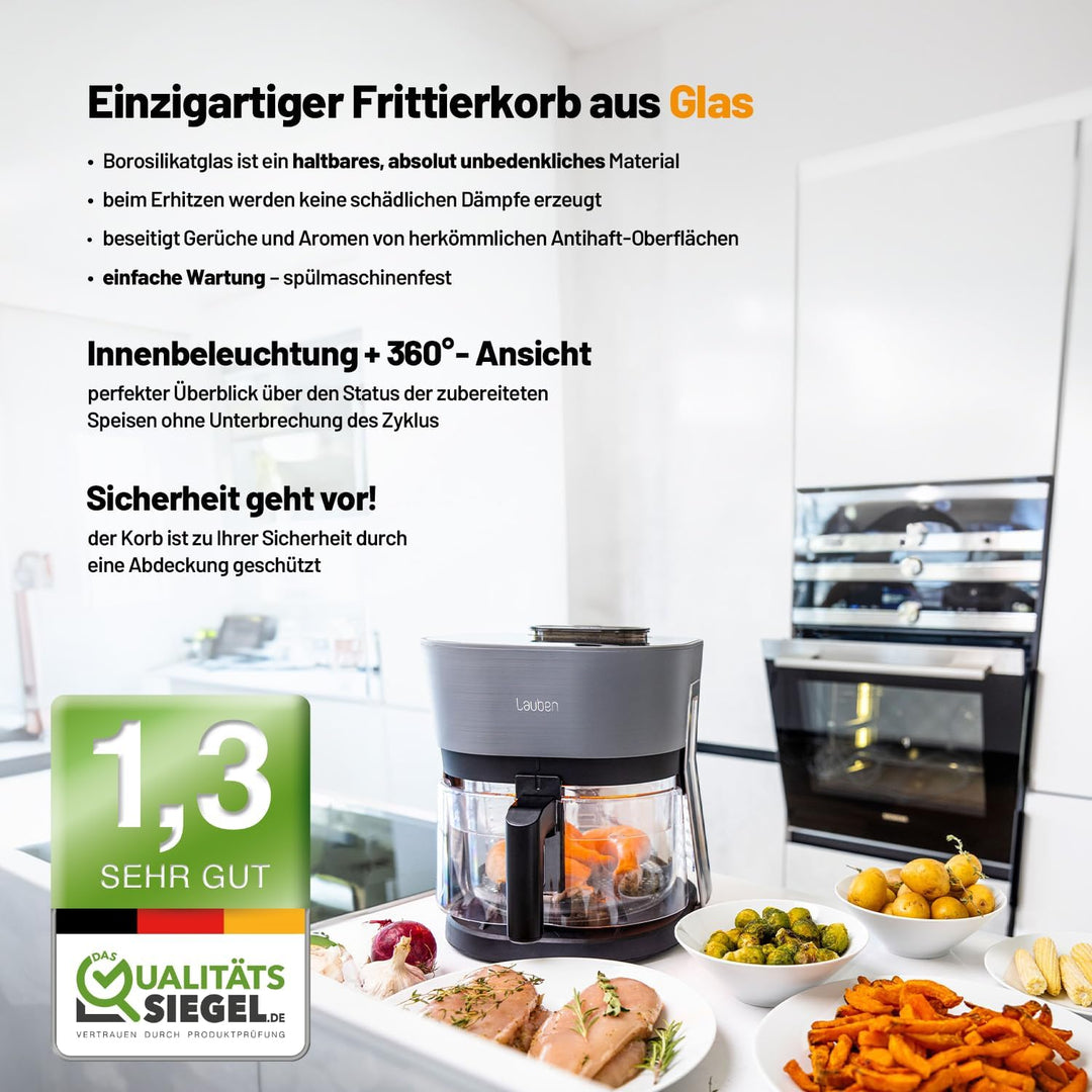 Lauben Glass&Steam Heissluftfritteuse 4500BG Air Fryer mit Glasfrittierkorb, Dampffunktion, 8 Progra