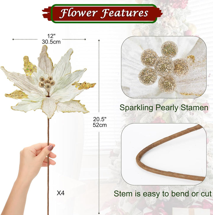 Briful 4 Stücke Weihnachtsstern Christbaumschmuck Kunstblumen Weihnachtsblumen Glitter Poinsettia Ku