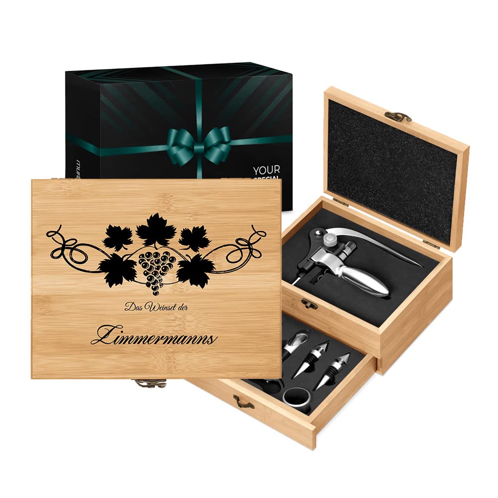 Maverton Weinöffner-Set personalisiert Weinset Sommelier Set - Geschenkbox Holzbox + 8er Weinzubehör
