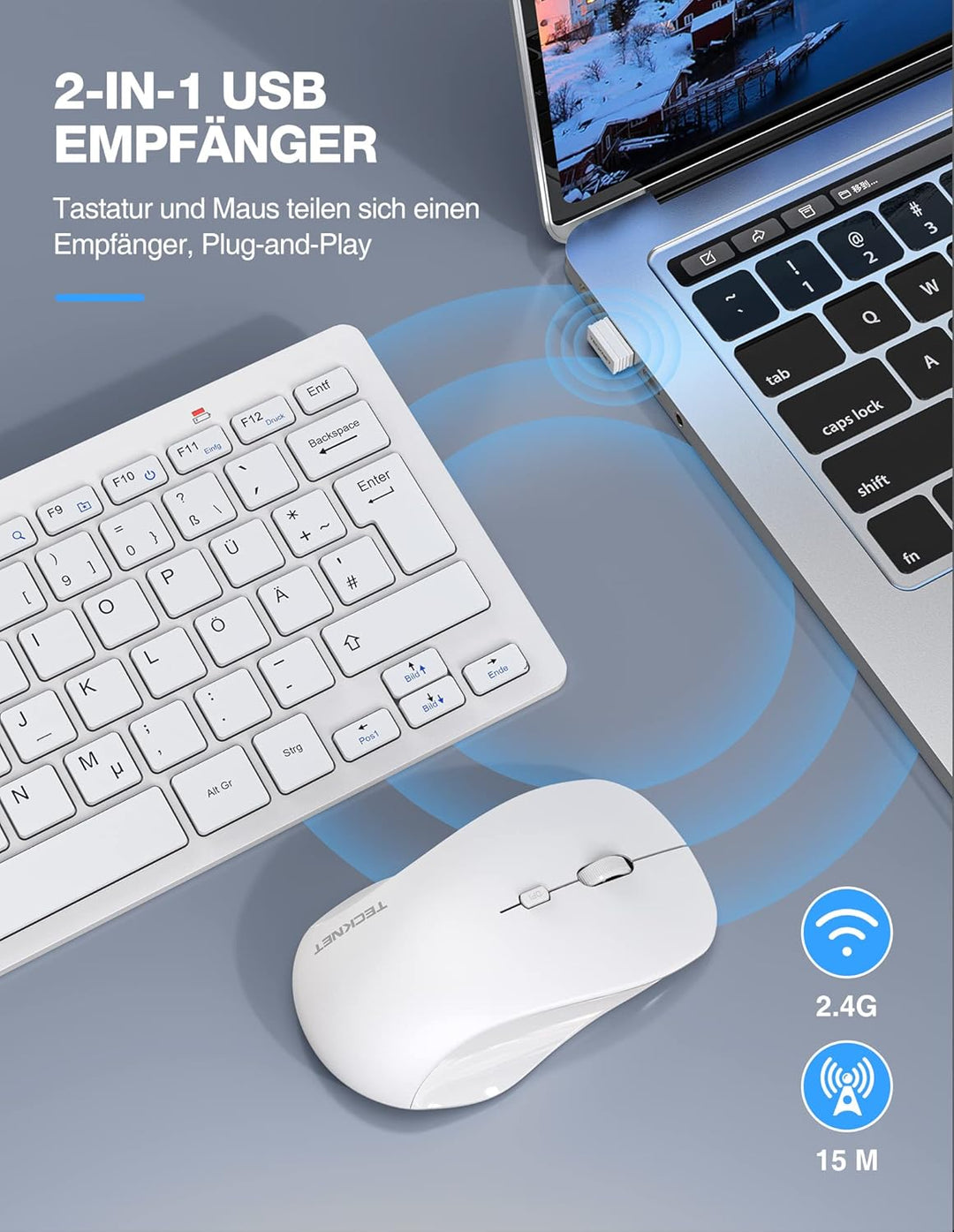 TECKNET Kabelloses Tastatur Maus Set, Deutsch QWERTZ Layout, 2.4 GHz Funk Mini Tastatur Mouse, 15m R