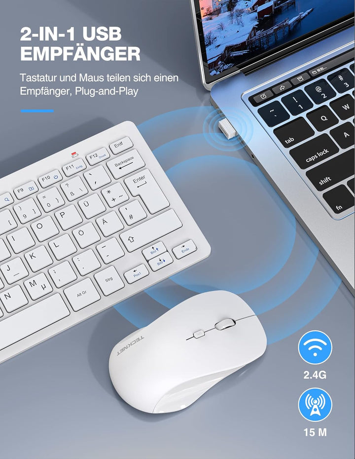 TECKNET Kabelloses Tastatur Maus Set, Deutsch QWERTZ Layout, 2.4 GHz Funk Mini Tastatur Mouse, 15m R