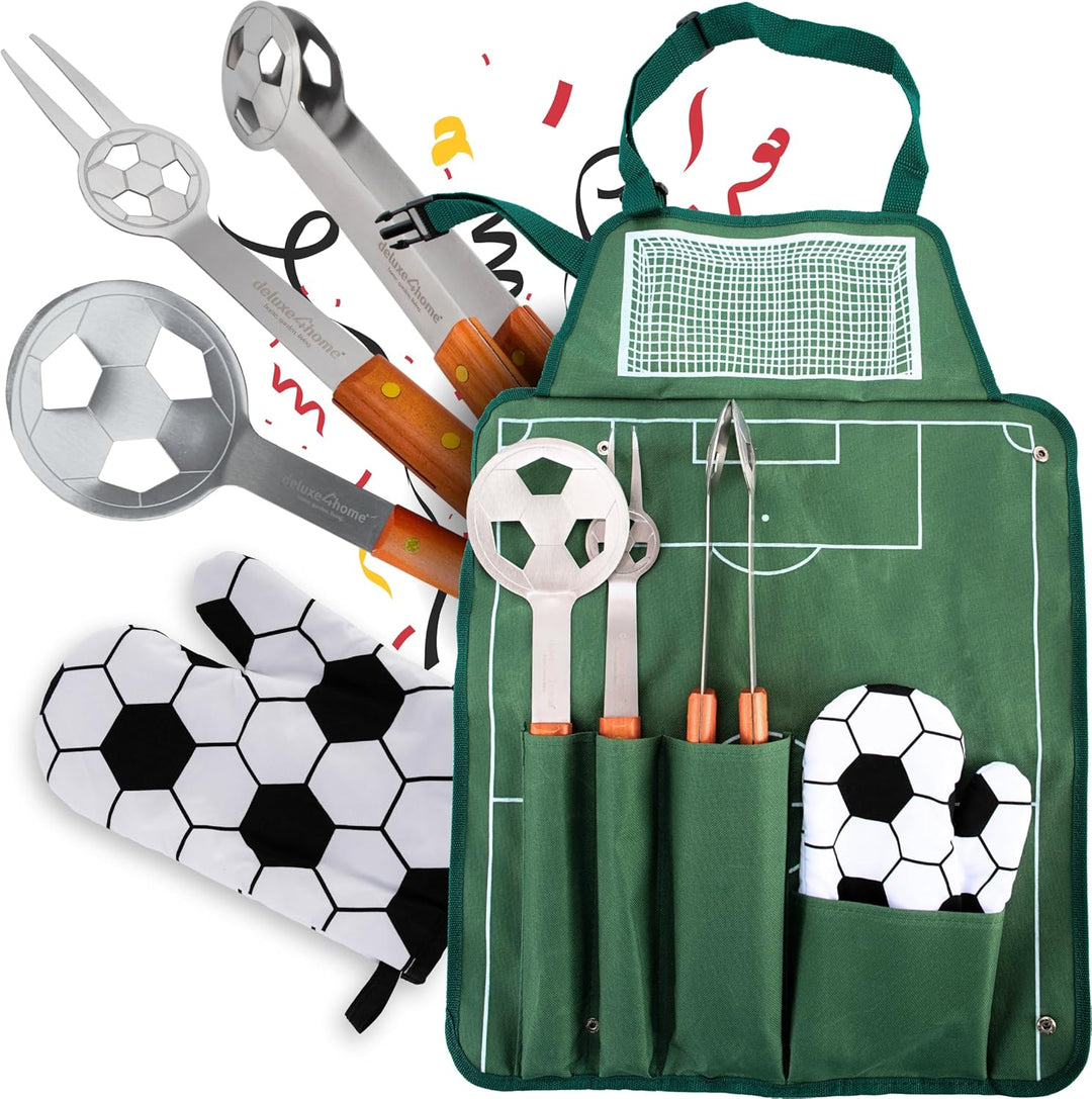 deluxe4home® Grillbesteck im Fussball-Look I Grillset inkl. Grillzange Grillwender Grillschürze Gril