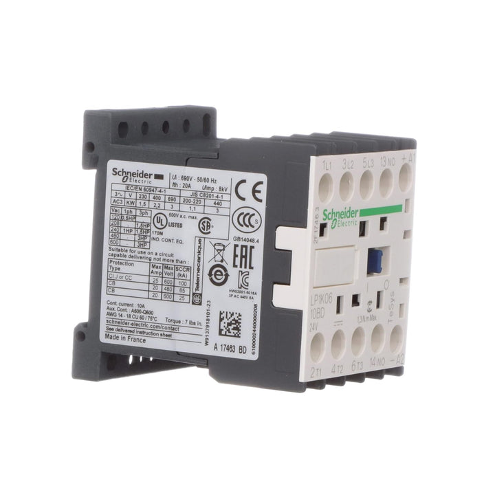 Schneider Electric - Leistungsschütz LP1K 3p, 400 V AC3, Spule 24 V DC, +1S, 2.2 kW, 6 A, LP1K0610BD