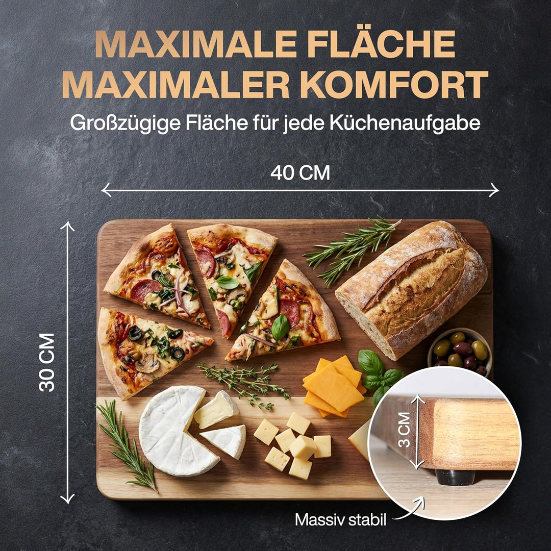 Premium Schneidebrett aus Akazienholz mit Saftrille - PERSONALISIERBAR - 40 x 30 x 3 cm - Hochwertig