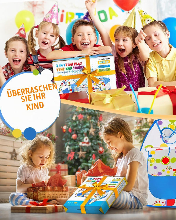 MAIKEHIGH Kinder Spielzelt mit Tunnel, 4 in 1 Pop Up Kinderzelt Bällebad Falten Krabbeltunnel Drinne