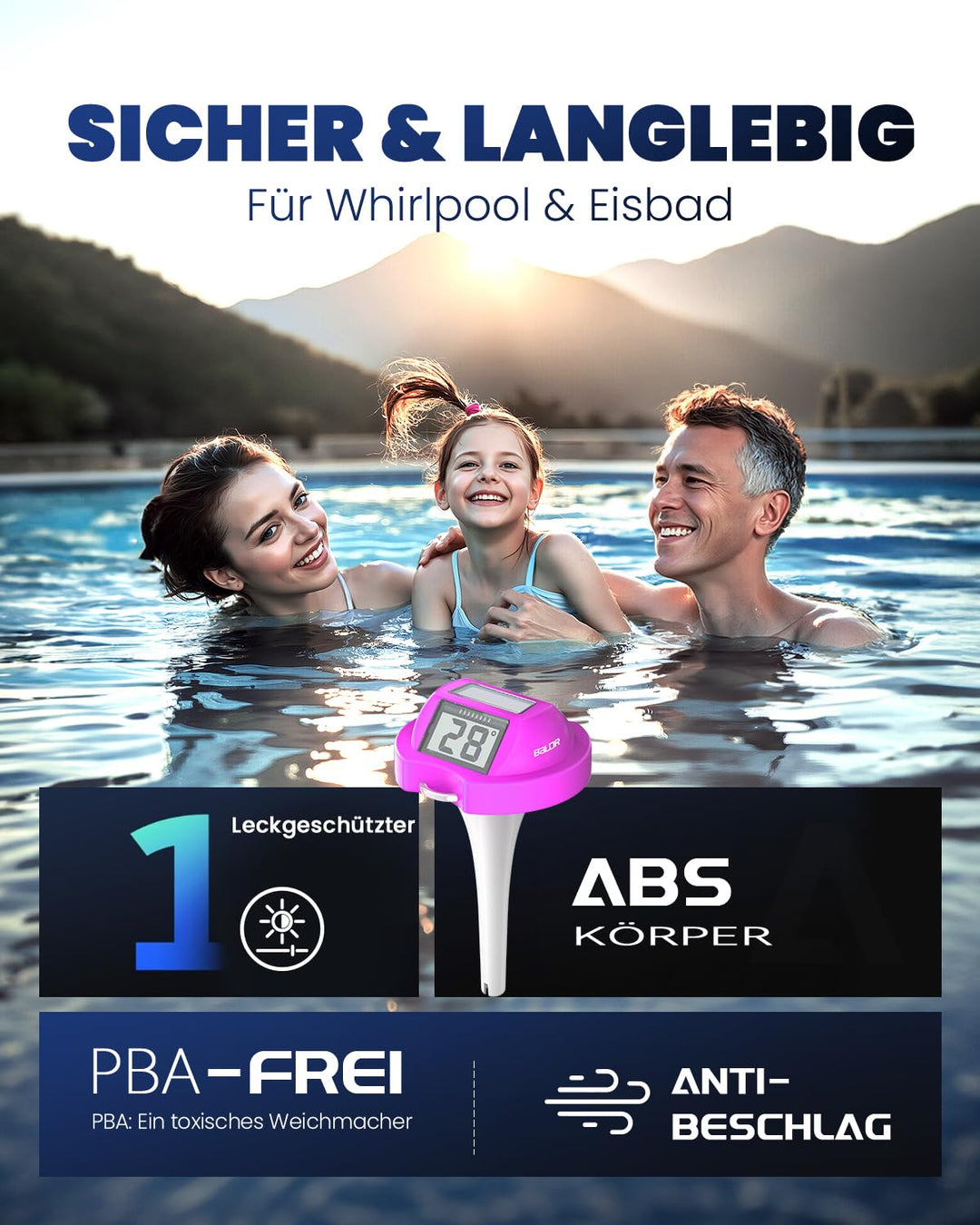 BALDR Solar Schwimmendes für Pool mit zwei grossen Displays | IPX7 wasserdichter digitaler Temperatu