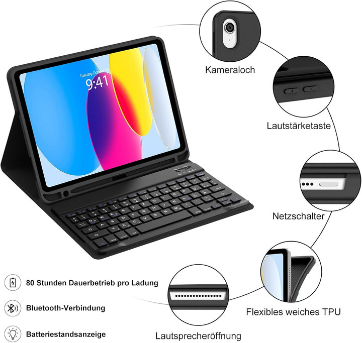 WINCHKING Tastatur Hülle für iPad A16 11th/10th Generation (11"/10.9") | Abnehmbar Hülle mit Stiftha