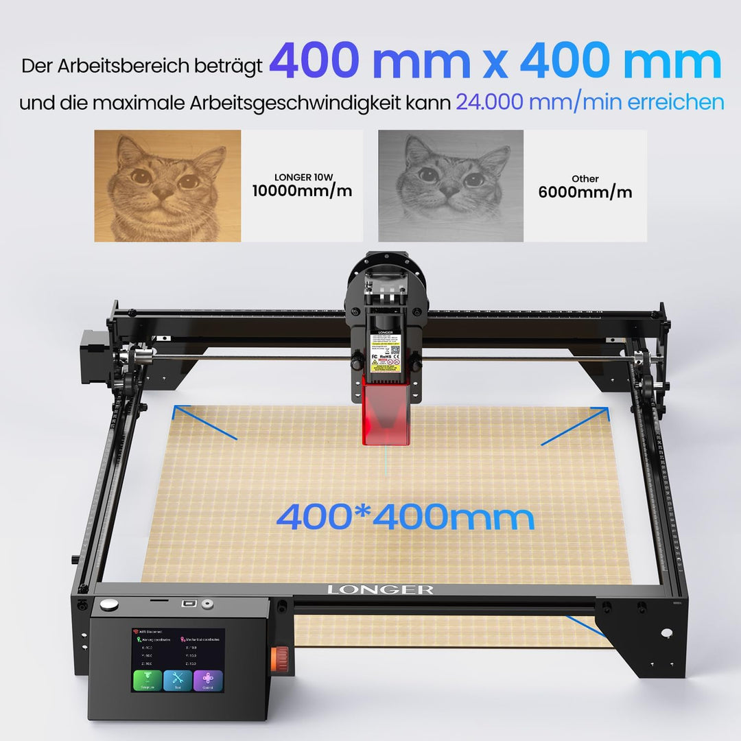 Longer Laser Gravurmaschine & Cutter 10W – Upgrade Edition mit 24.000 mm/min, 3,5" Farb-Touchscreen,