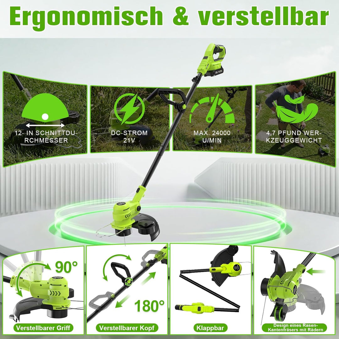Akku Rasentrimmer 21V, 2-in-1 Rasentrimmer & Kantenschneider, LCD Akkuanzeige, 2×2000mAh Akku, Autom