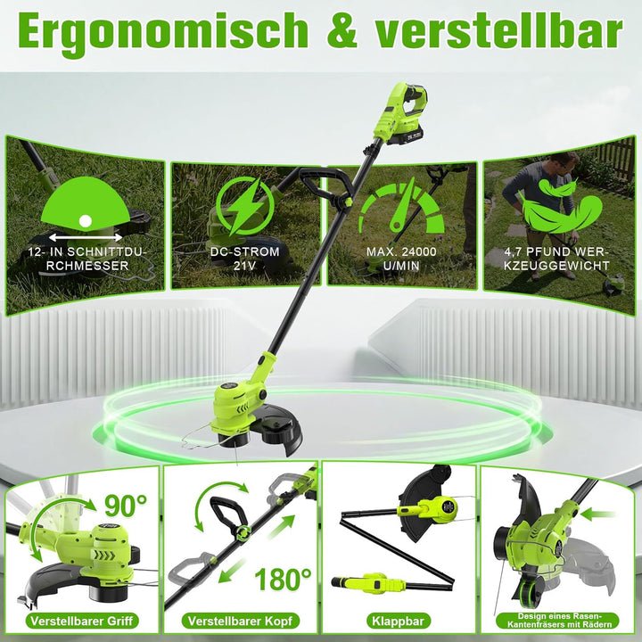 Akku Rasentrimmer 21V, 2-in-1 Rasentrimmer & Kantenschneider, LCD Akkuanzeige, 2×2000mAh Akku, Autom