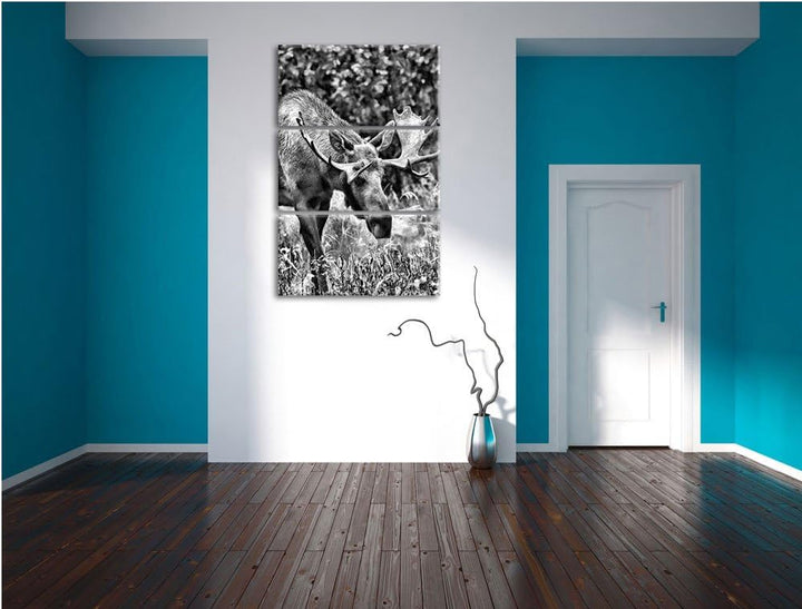 Pixxprint Monocrome, Grosser Elch 3-Teiler Leinwandbild 120x80 Bild auf Leinwand