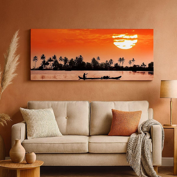 ARTTOR Bilder auf Leinwand 100x40cm Leinwandbild Kanal boot kultur sonnenuntergang Gross Wanddeko Bi