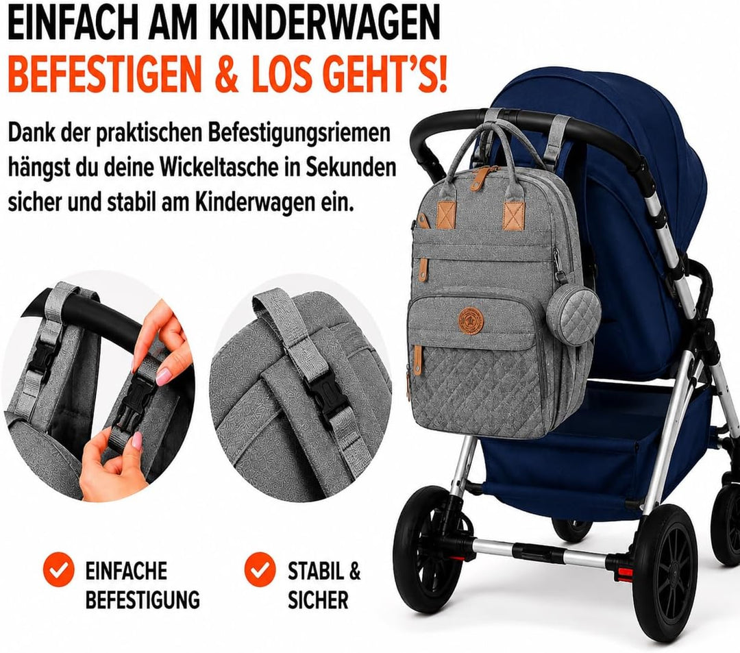 Wickeltasche Baby Wickelrucksack Set mit Wickelunterlage &amp; Kinderwagenbefestigung, grosser wasserabw