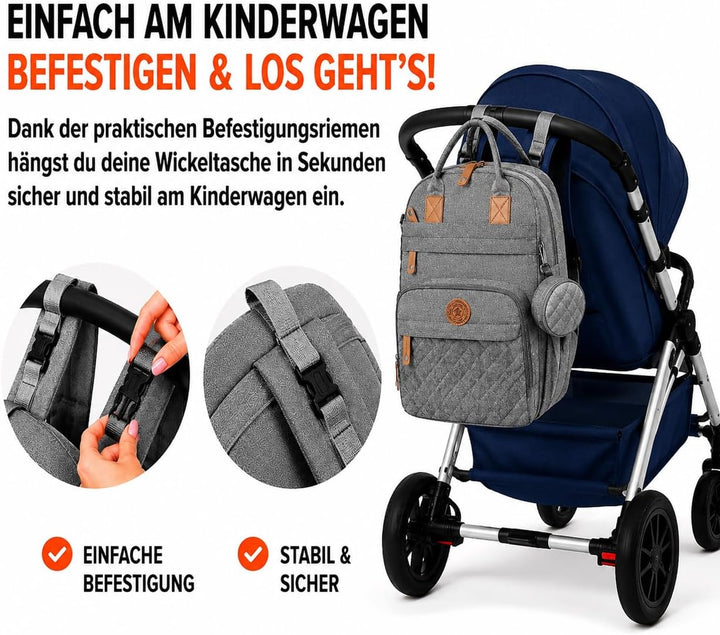 Wickeltasche Baby Wickelrucksack Set mit Wickelunterlage &amp; Kinderwagenbefestigung, grosser wasserabw