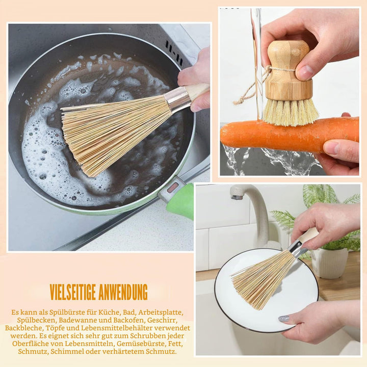 4 STK Wok Bürste Bambus Set, Pilzbürste, Bambus Wok mit Schnur Bürste für Reinigung von Töpfen, Pfan