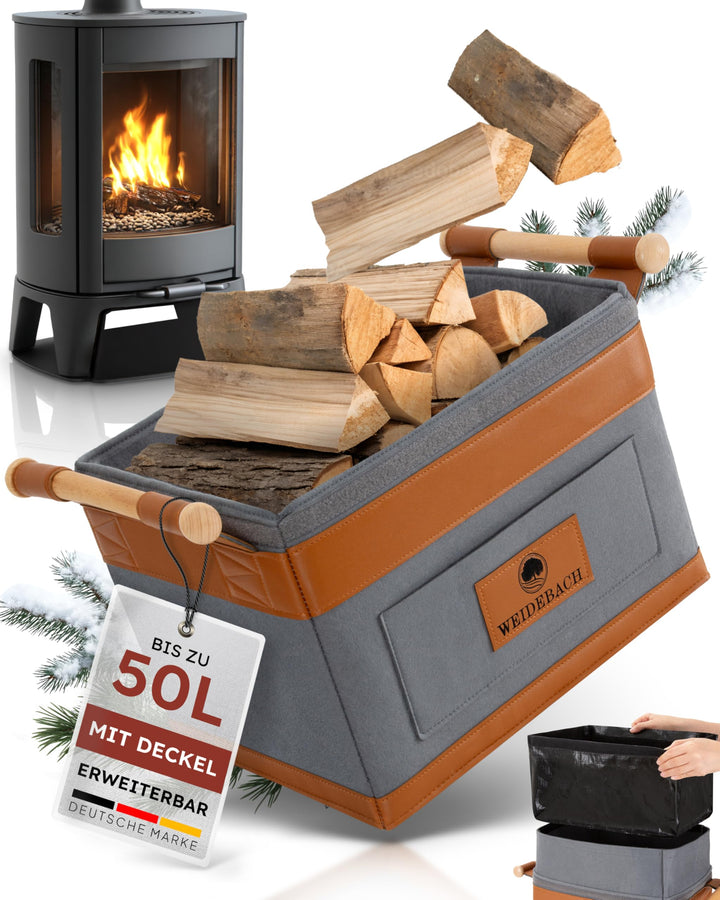 WEIDEBACH® Holzkorb für Kaminholz 35L (erweiterbar auf 50L), Kaminholzkorb grau schwer belastbar, Fe