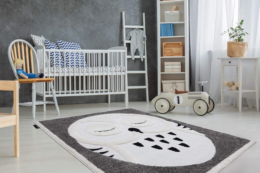 Moderne Kinderteppiche Joy Owl, Eule, für Babyzimmer, Spielteppiche, Kinderzimmer, strukturelle Zwei