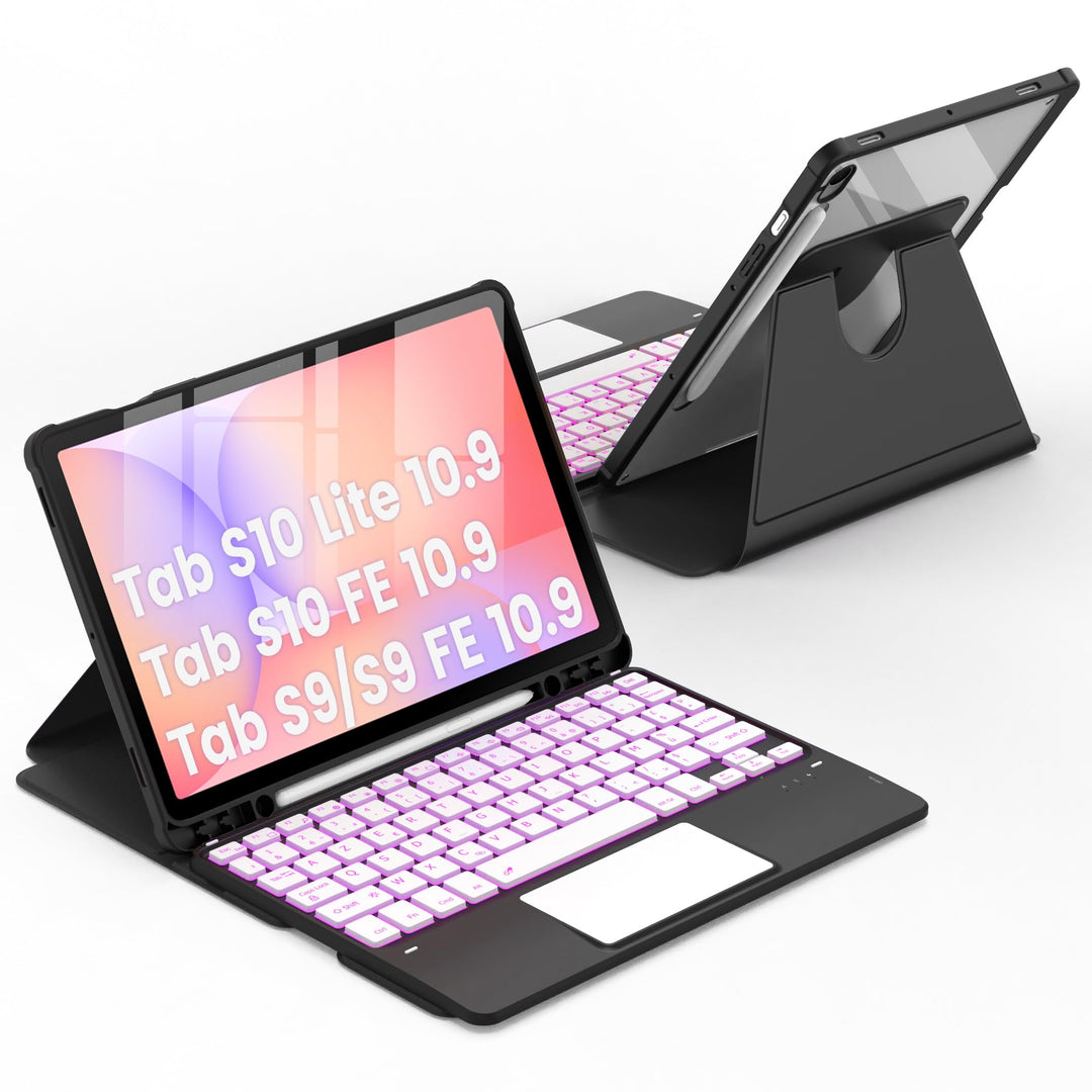 CACOE Drehbare Hülle mit Tastatur für Samsung S10 Lite 2025 mit Touchpad, 7-Farbige Beleuchtung Abne