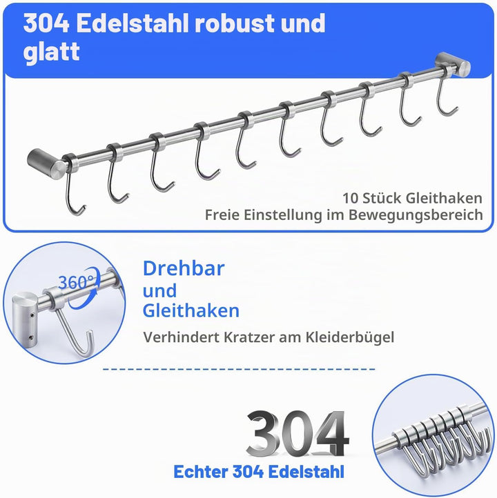 Geschirr hängende Rack mit 10 abnehmbaren Haken, Küche Schiene Pan Hanger Edelstahl Wand montierte M