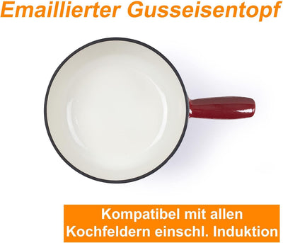 Fondue Gusseisen für Brennpaste Rot - Fondueset Traditionell Ohne Strom - Fleischfondue für 6 Person