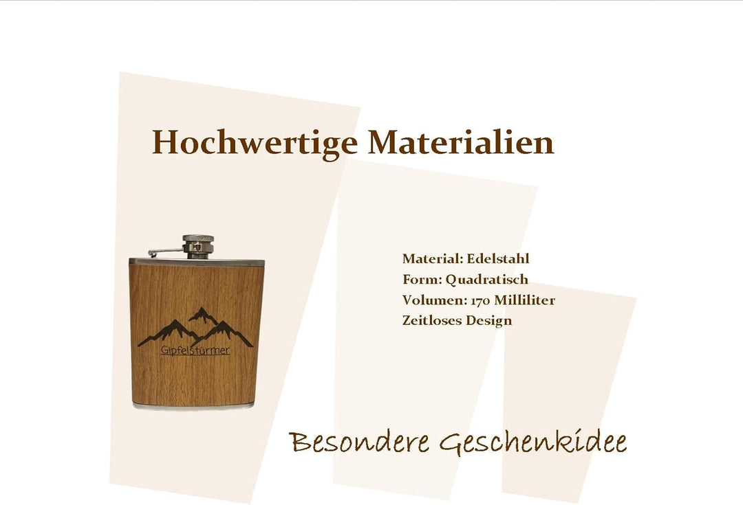 Edelstahl Flachmann 170ml in Holzoptik – Ideal für Unterwegs, Robust & Langlebig, Trinkflasche, Gesc