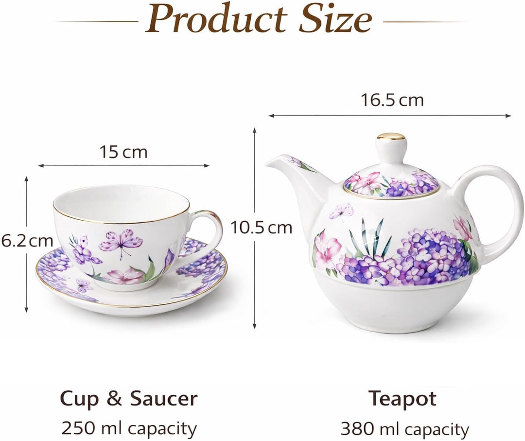 Porcelain Tea for One Set Beautiful Flower Ceramic Teapot with Cup Gifted Box (Hydrangea), Hydrangea