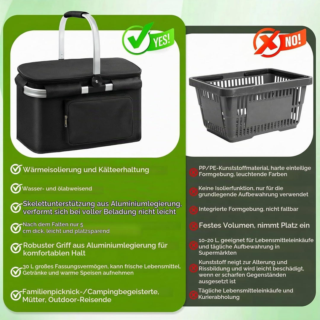 Einkaufskorb Faltbar, Kühltasche Picknickkorb, Grosse Isolierter Kühlkorb Lunchtasche mit Gepolstert
