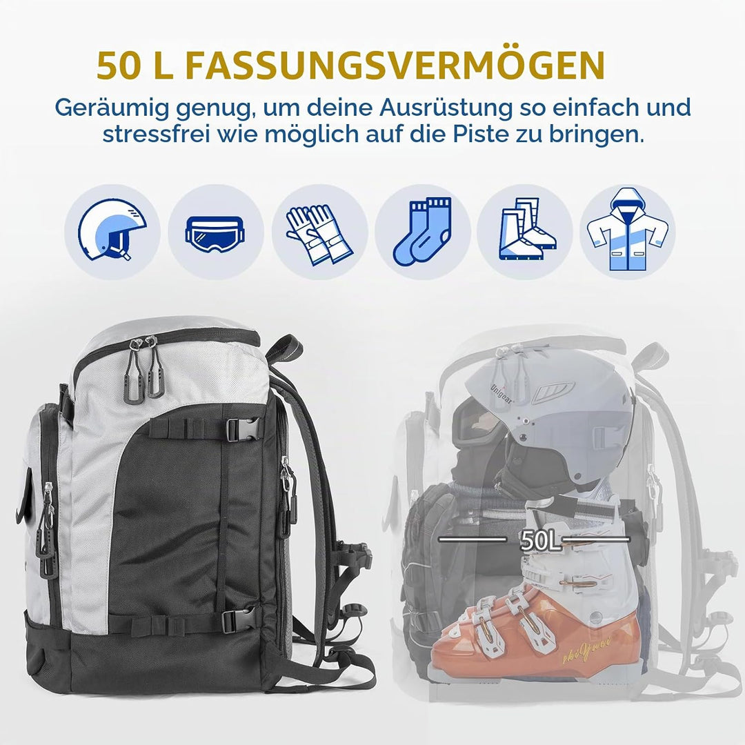 Unigear 50L/70L Skischuhrucksack Snowboardschuhe mit Helmtasche Wintersport Skifahren Skating Rucksa