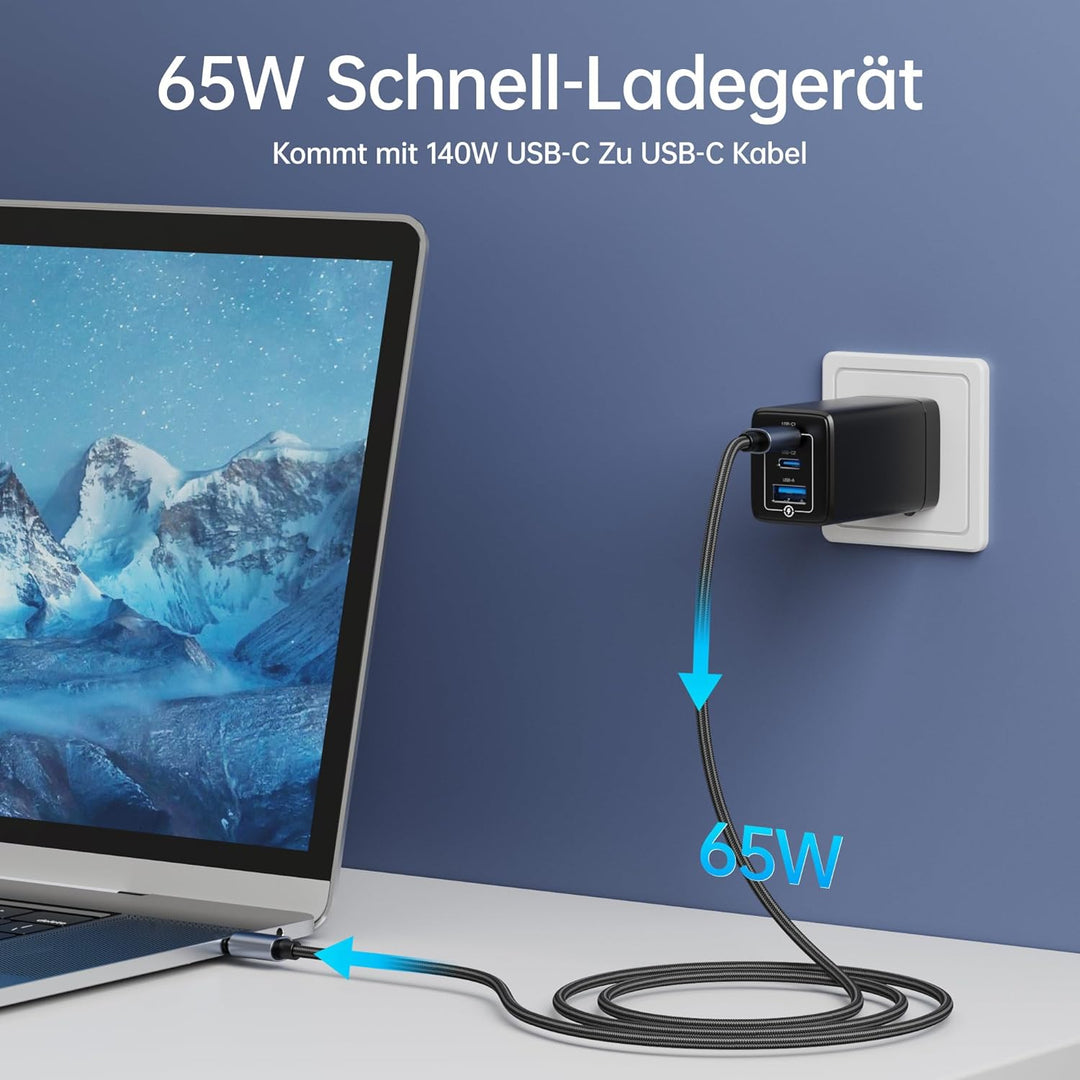 NOHON USB-C Ladegerät Fast Charger: 65W GaN Handy 3-Port Schnellladegerät PD3.0 mit 140W Typ-C 1.2M